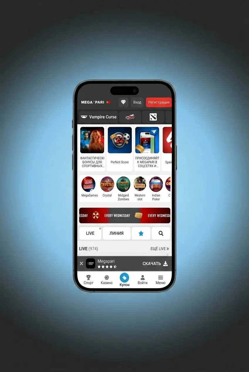 App móvel MegaPari aberta na secção de e-sports com apostas ao vivo em torneios disponíveis