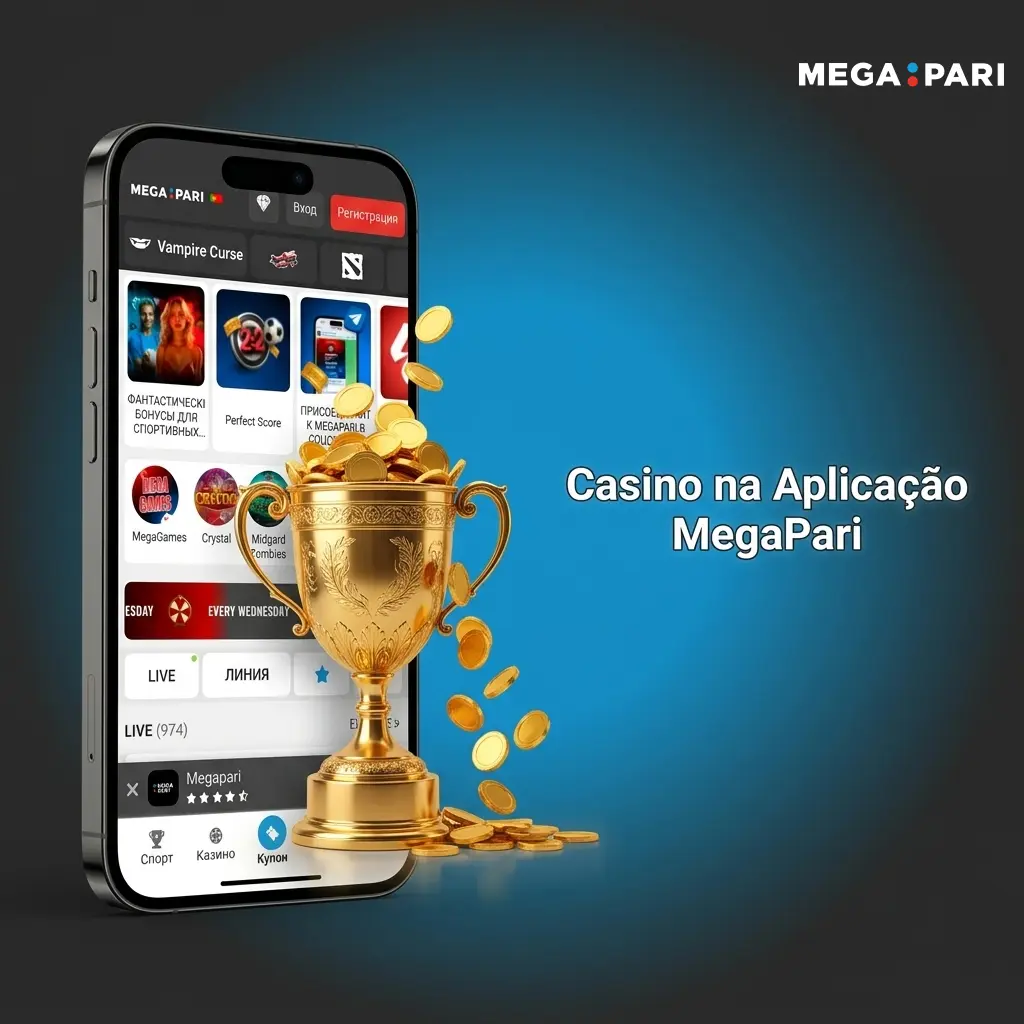 Secção de casino da aplicação MegaPari com slots, jogos de mesa e casino ao vivo com dealers em tempo real