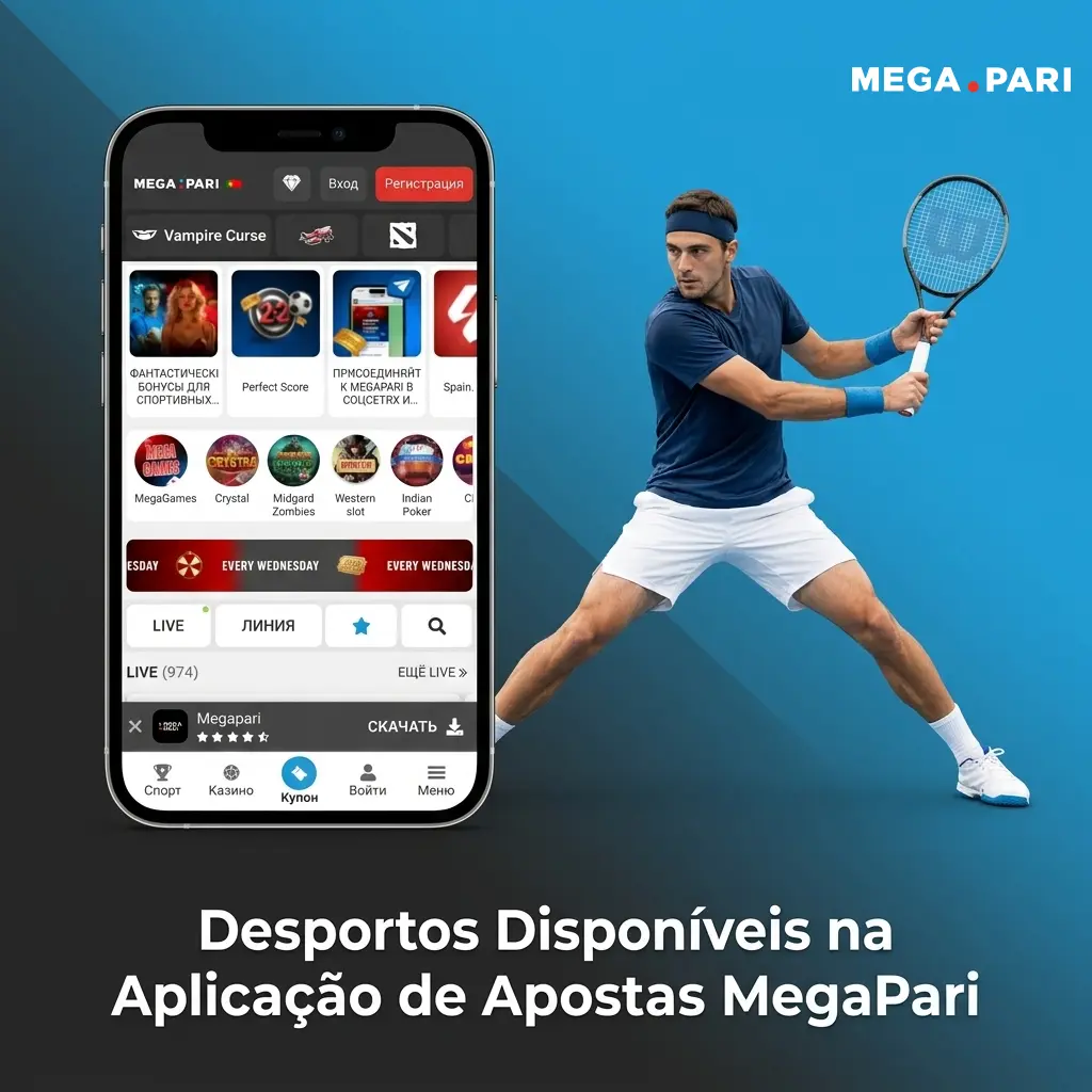 Modalidades desportivas disponíveis na app MegaPari: futebol, ténis, basquetebol, eSports e mais de 30 desportos