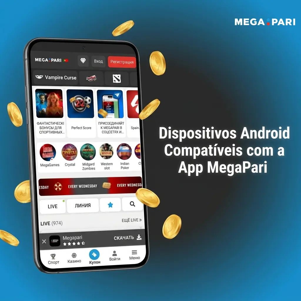 Dispositivos Android compatíveis com a app MegaPari, incluindo Samsung, Xiaomi, OPPO e outros modelos populares