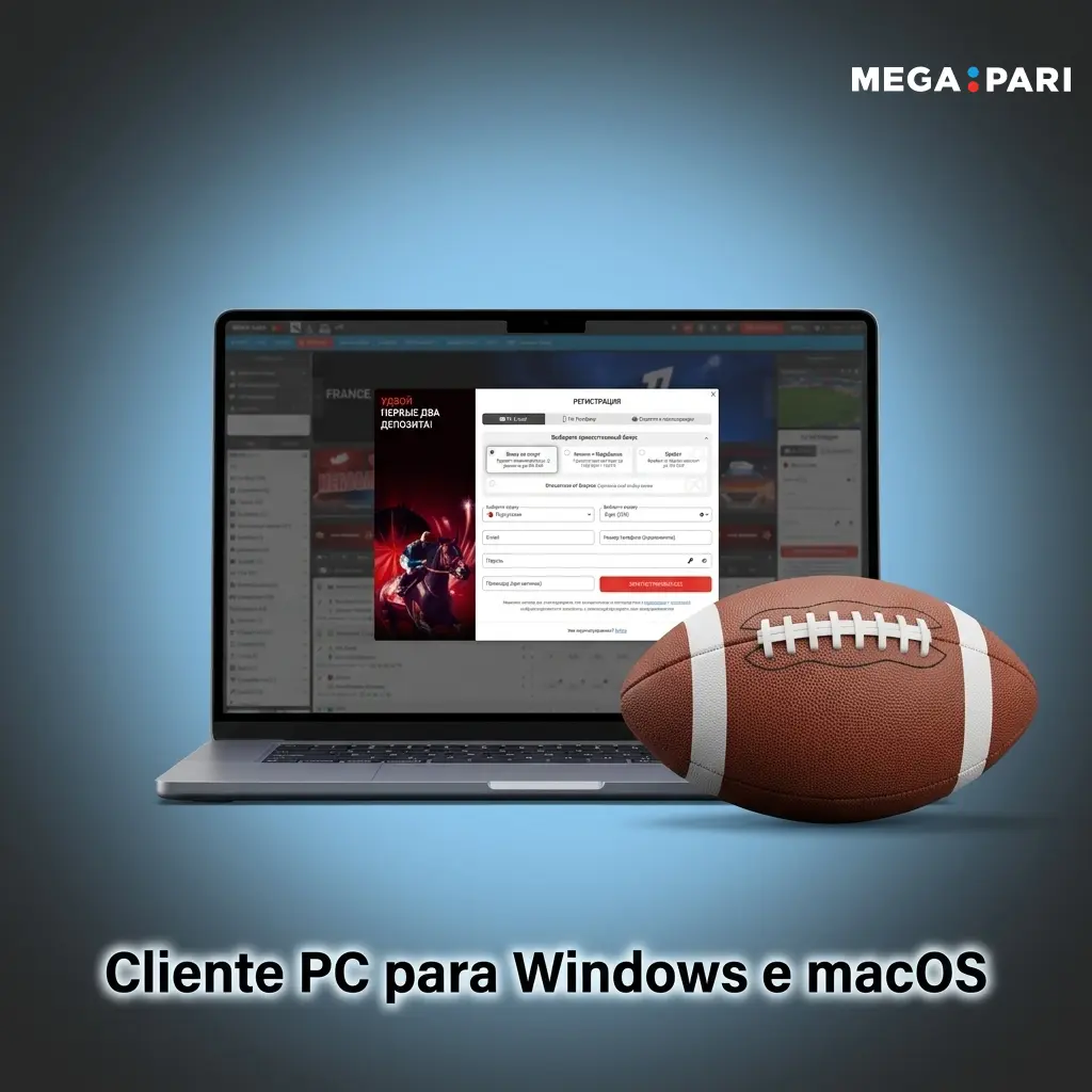 Interface do site MegaPari acessível via browser no PC com Windows e macOS, compatível com Chrome, Firefox, Edge e Safari
