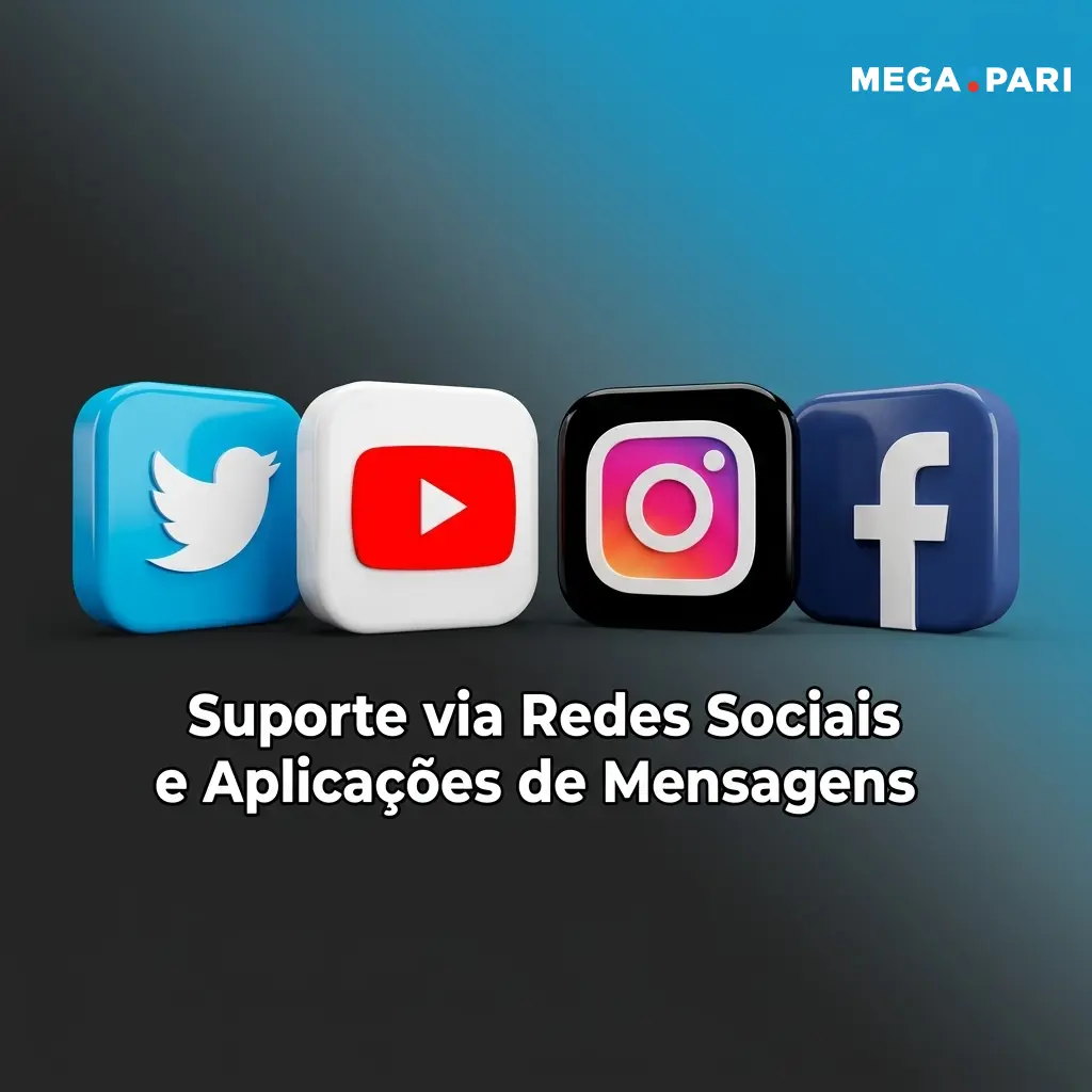 Logótipos de redes sociais e apps de mensagens para suporte ao cliente MegaPari: Telegram, WhatsApp, Facebook e Twitter