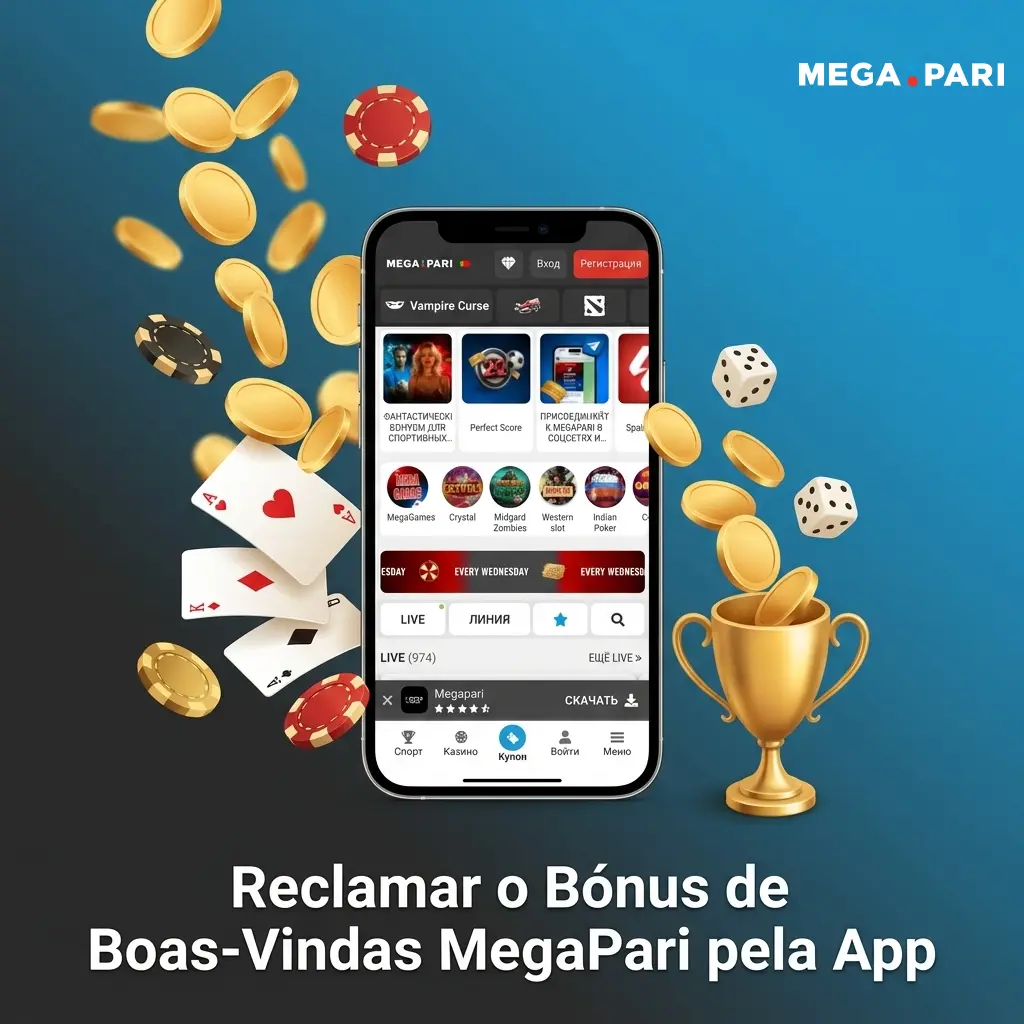 App MegaPari no smartphone para ativar o bónus de boas-vindas no casino e apostas desportivas