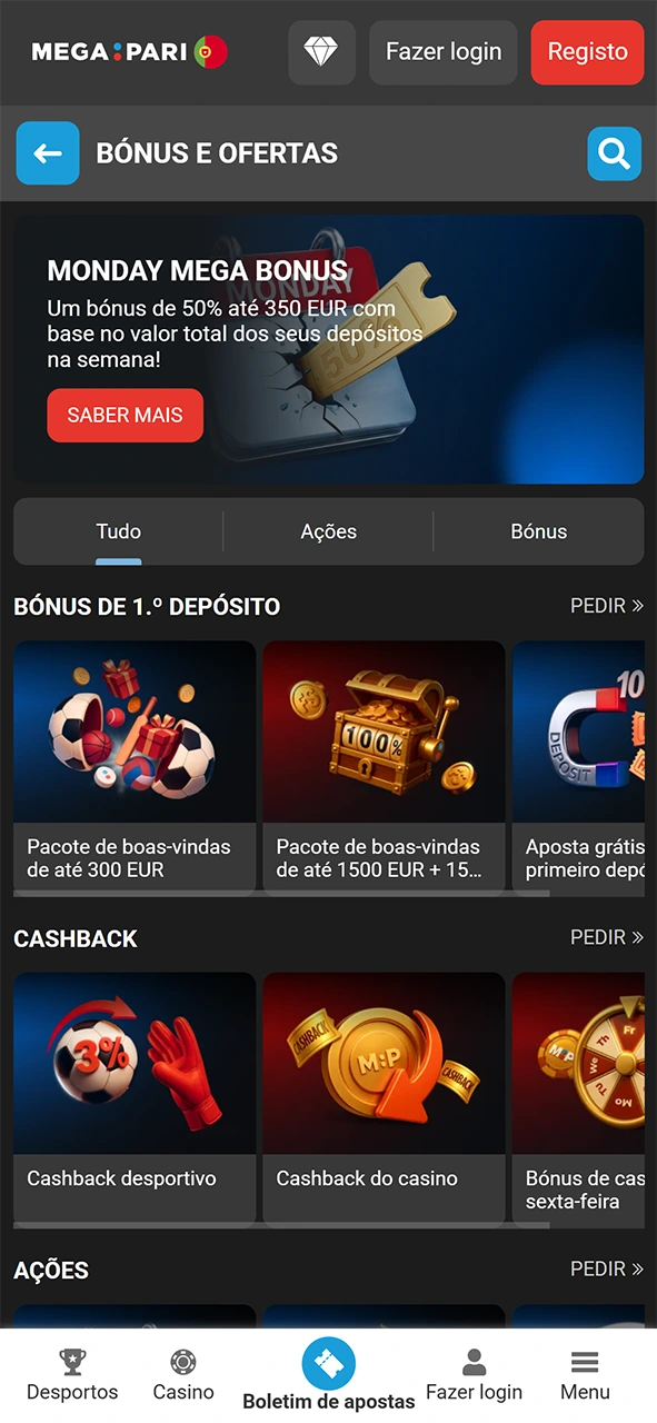 Resgata recompensas verificando as informações de bónus na app MegaPari.
