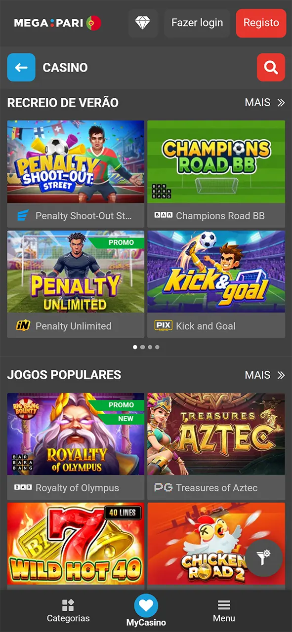 Vê as informações dos jogos de casino na aplicação MegaPari.