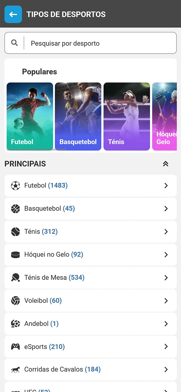 Analisa as informações de desportos disponíveis na app MegaPari.