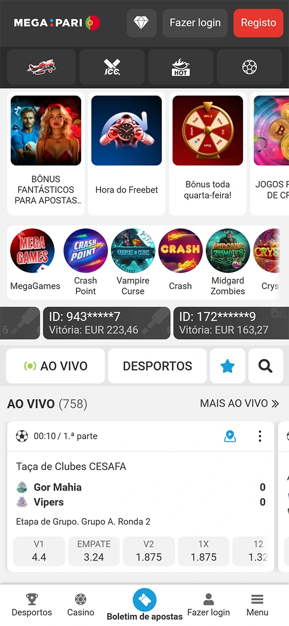 Explora o ecrã com as informações principais da app MegaPari.