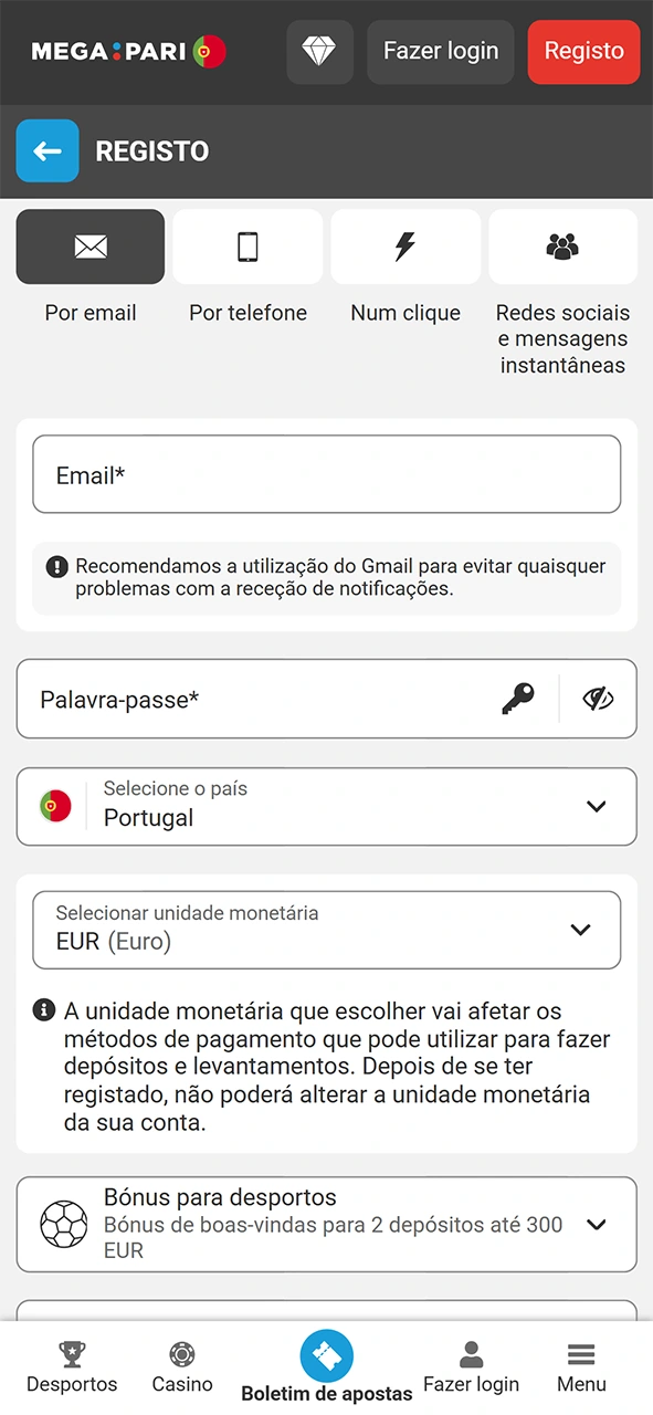 Cria a tua conta usando as informações de registo na aplicação MegaPari.