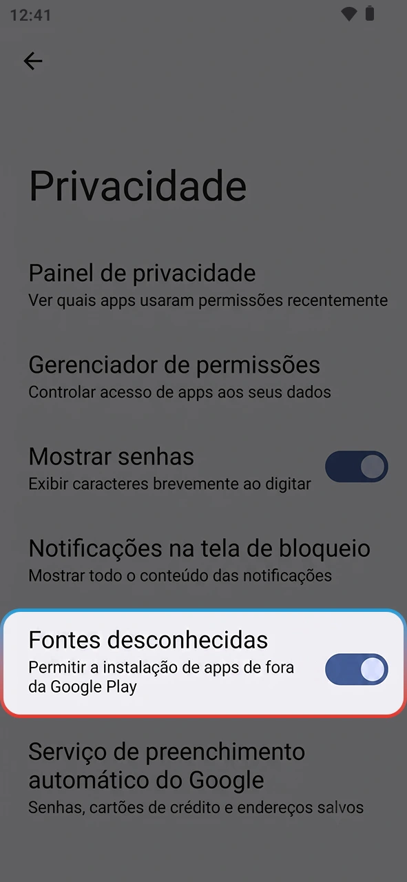 Permite fontes externas para atualizar a app MegaPari no telemóvel.
