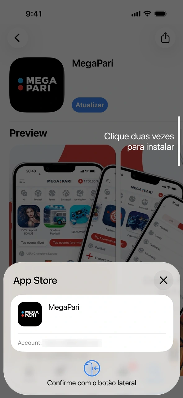 Confirma a tua identidade para atualizar a aplicação MegaPari perfeitamente.