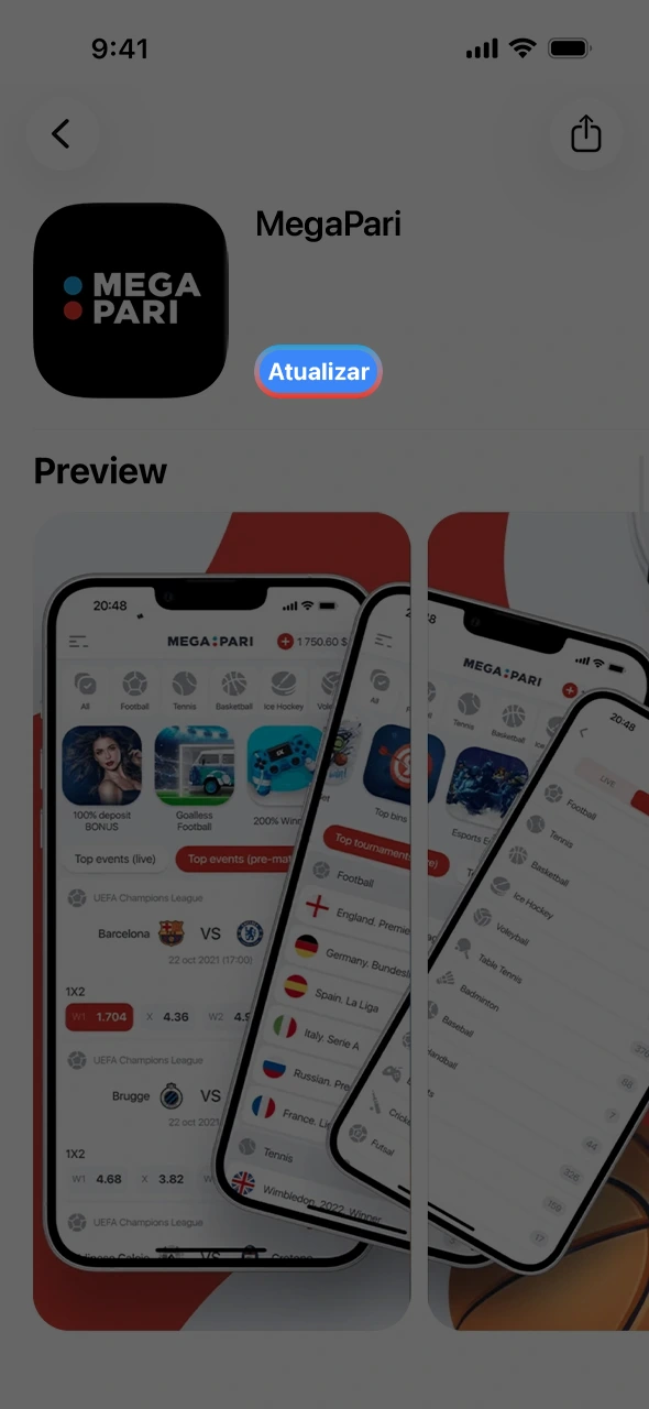 Clica no botão de atualizar a aplicação MegaPari na loja.