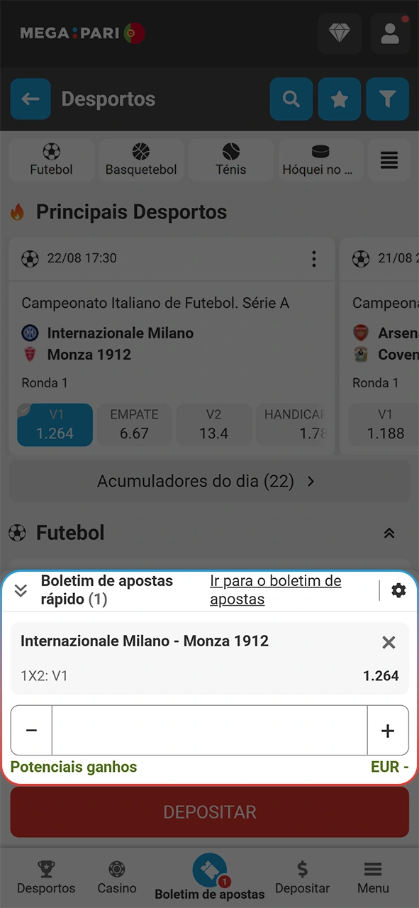 Adiciona escolhas ao boletim da aplicação MegaPari antes de apostar.