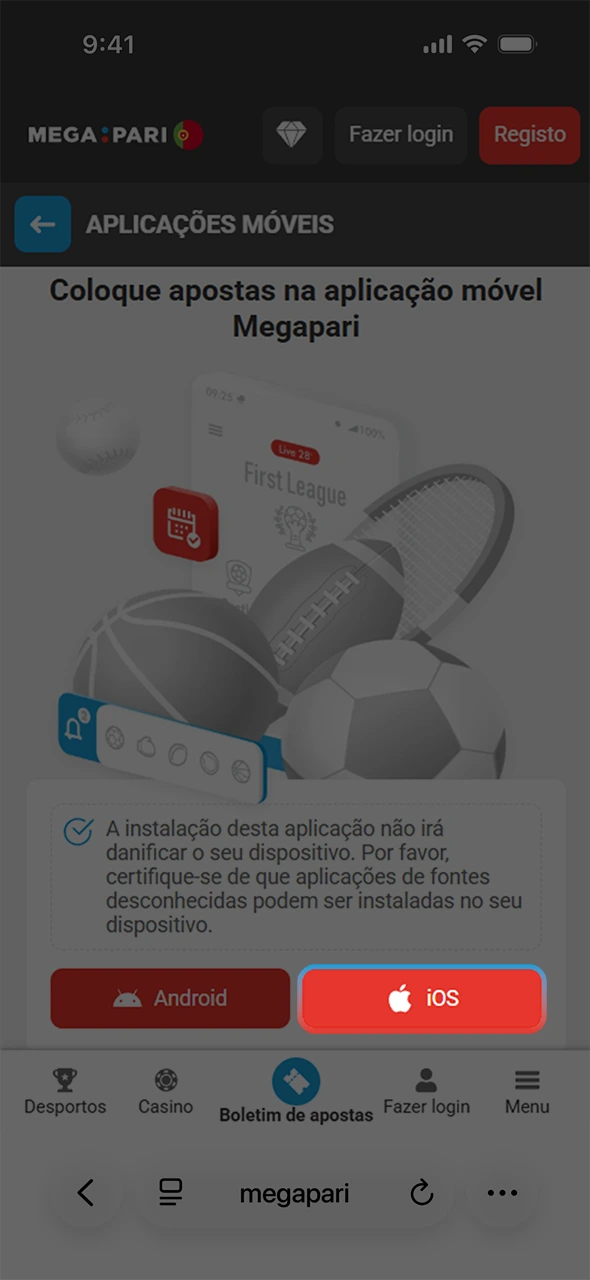 Clica no botão para baixar a app MegaPari no ios.