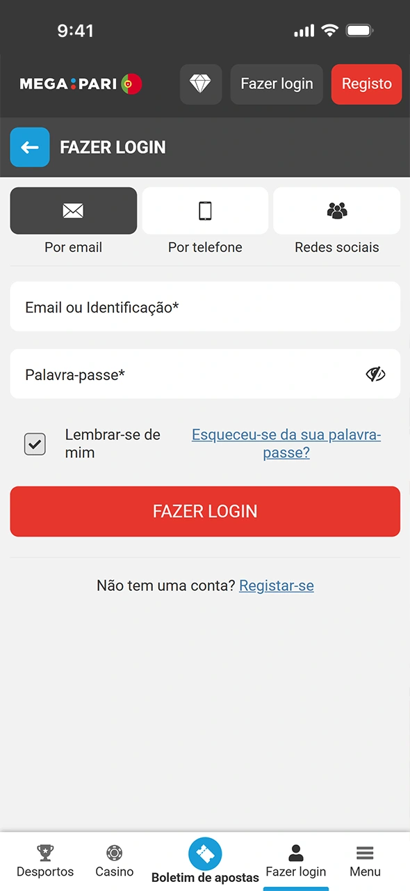 Inicia sessão ou regista-te na aplicação MegaPari pelo ios.