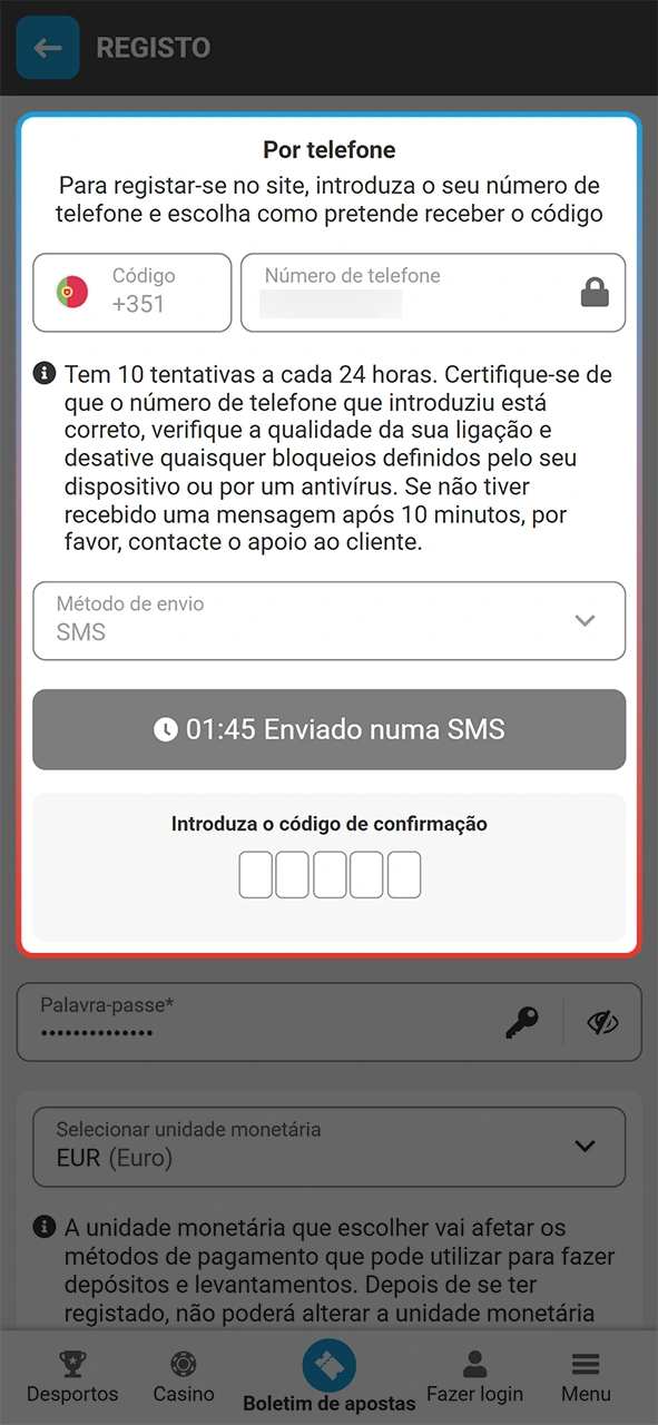 Confirma a tua conta após o registo na aplicação MegaPari.