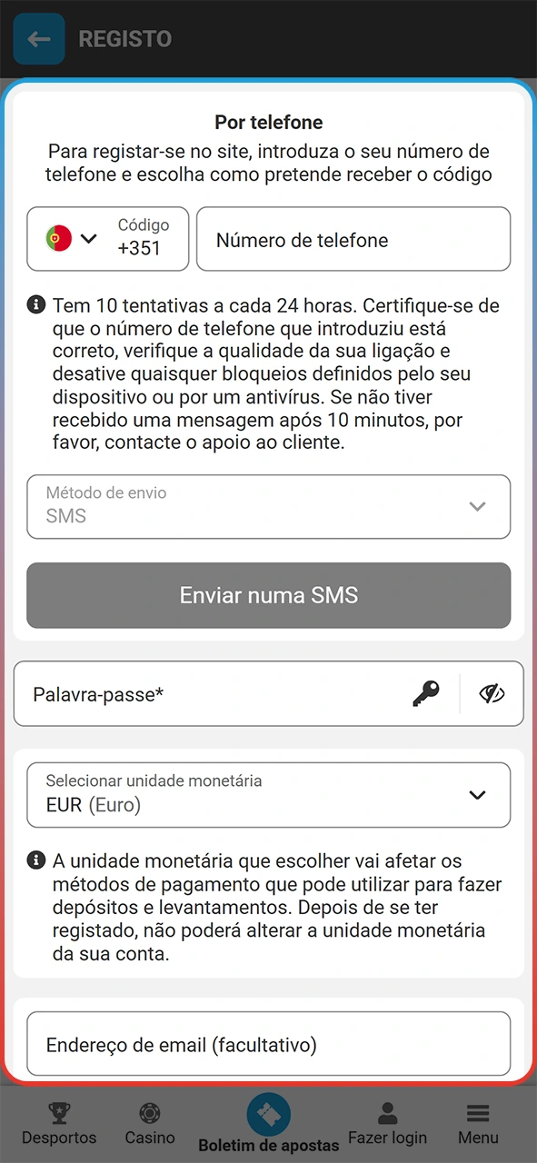 Preenche os teus dados pessoais para o registo na app MegaPari.