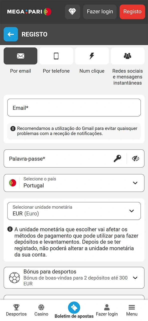 Seleciona o método desejado para o teu registo na aplicação MegaPari.