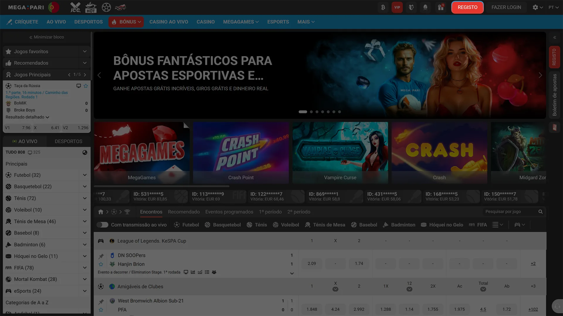 Pressiona o botão de registo na aplicação para pc da MegaPari.