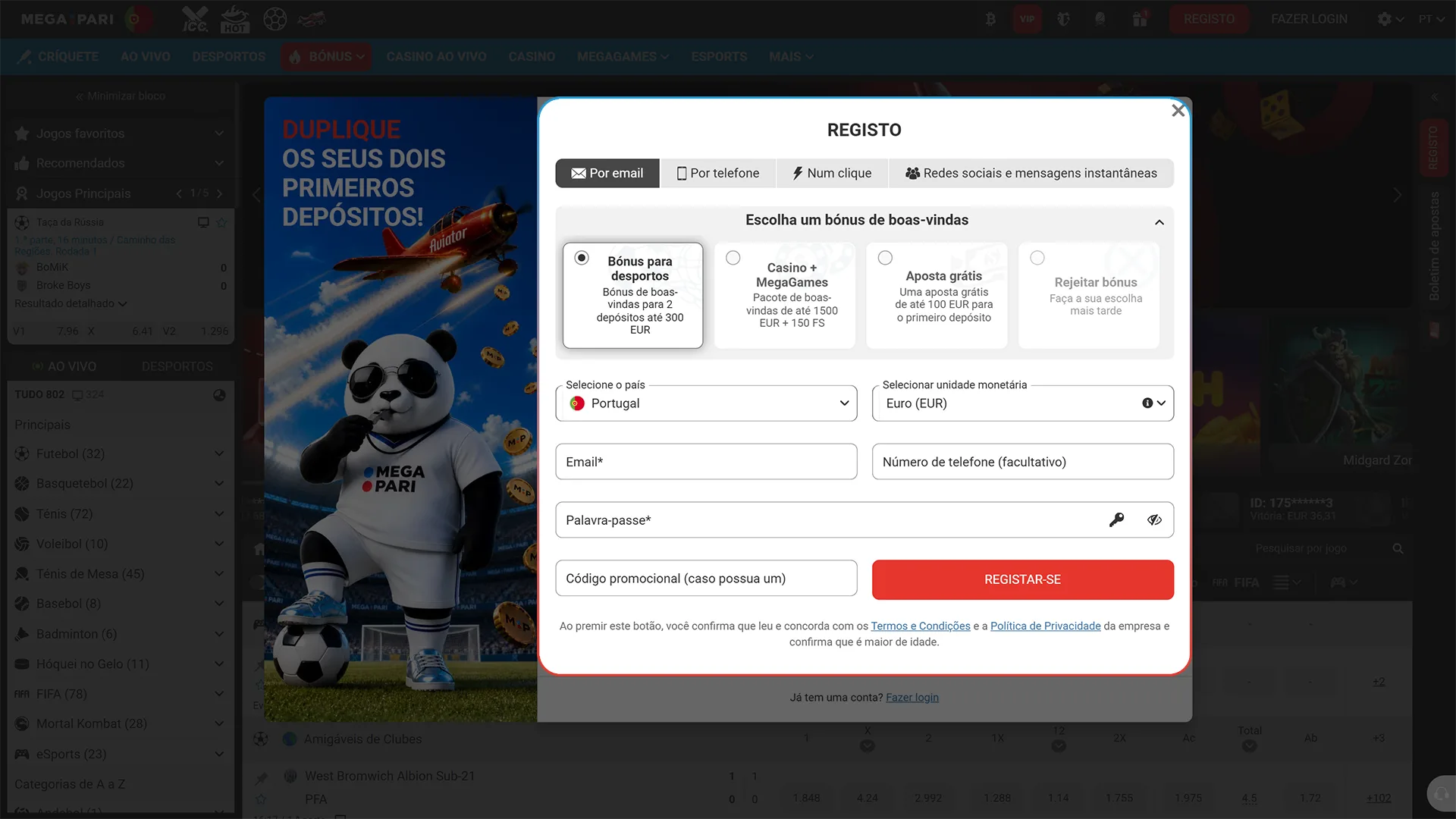 Preenche os teus detalhes de registo na aplicação para pc MegaPari.