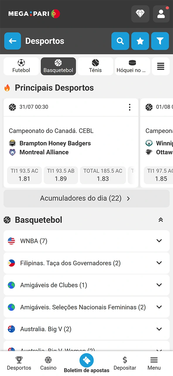 Navegue no site da MegaPari para encontrar e apostar em basquetebol.