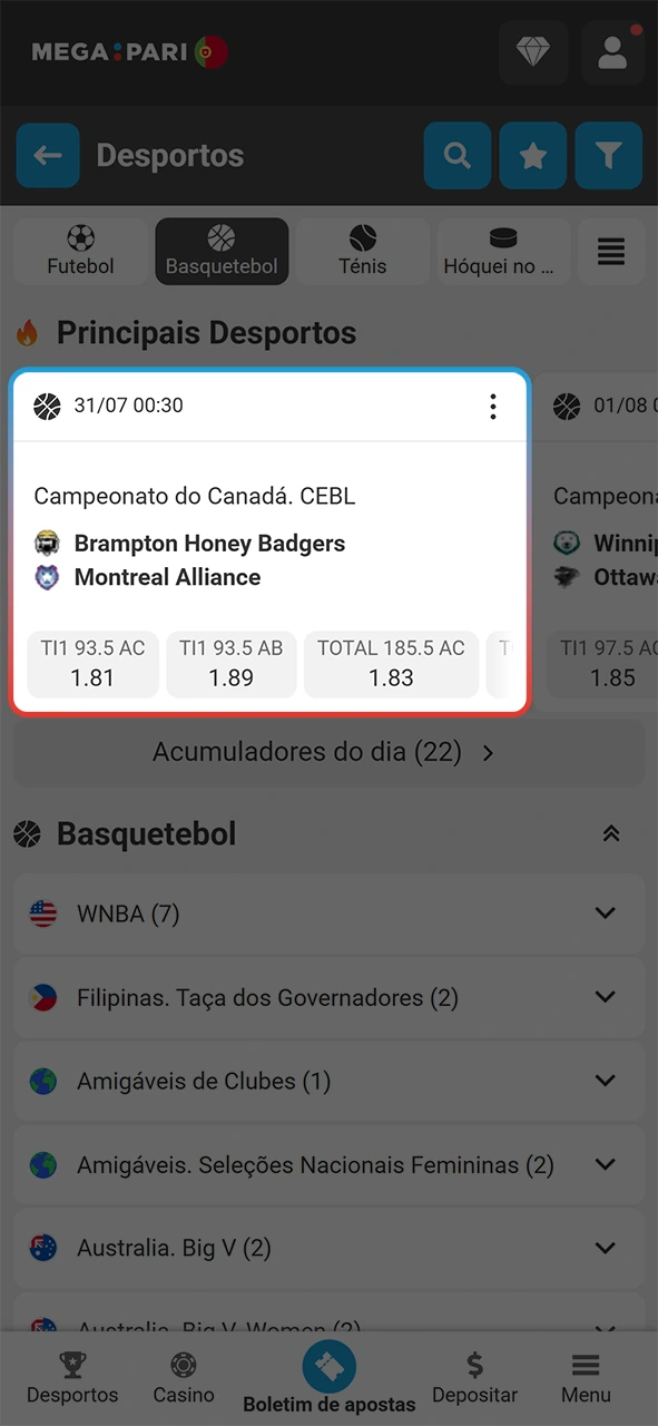 Selecione as grandes ligas na MegaPari para apostar em basquetebol.