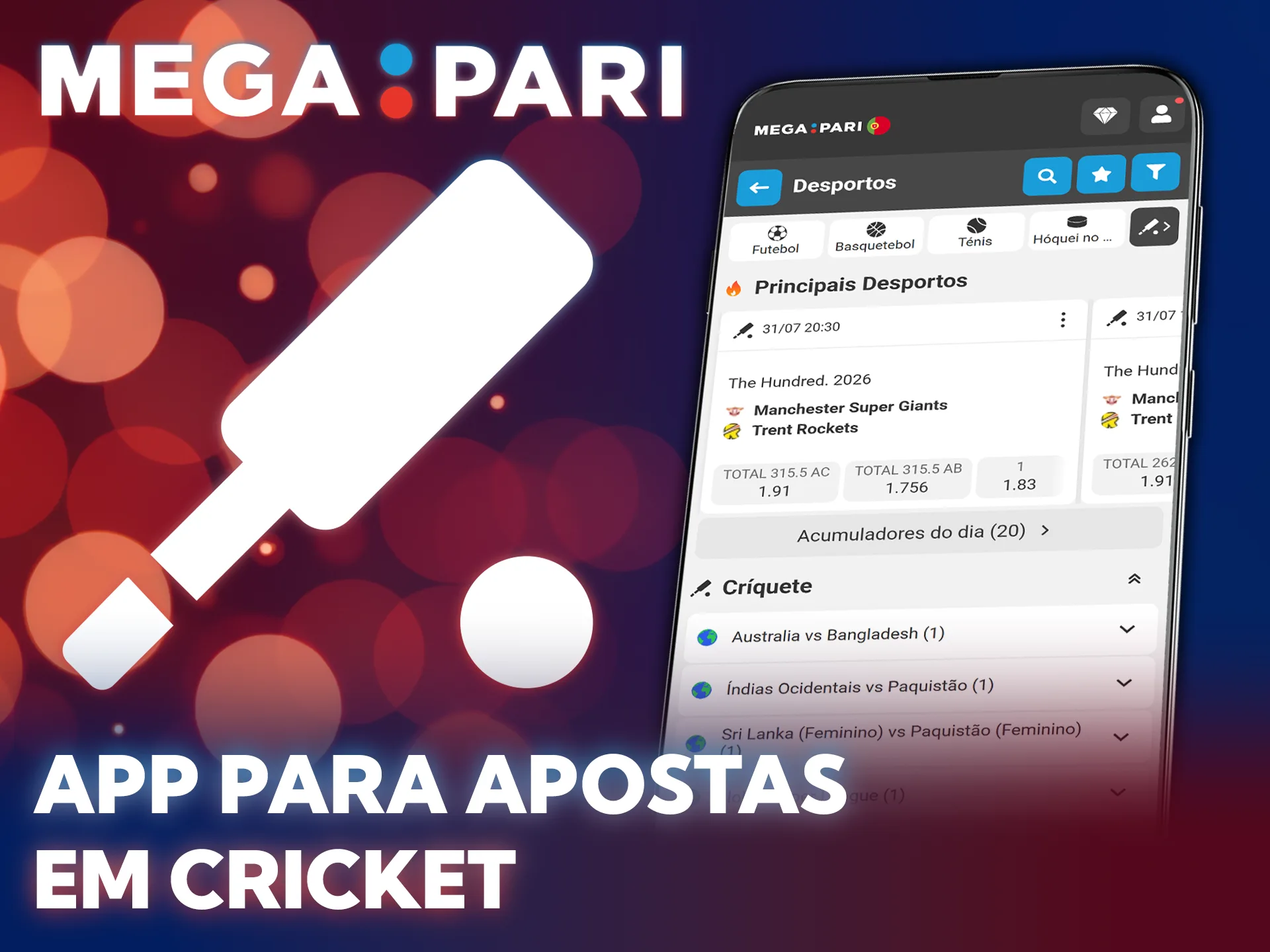 Descarrega a app MegaPari para fazeres apostas em críquete no telemóvel.