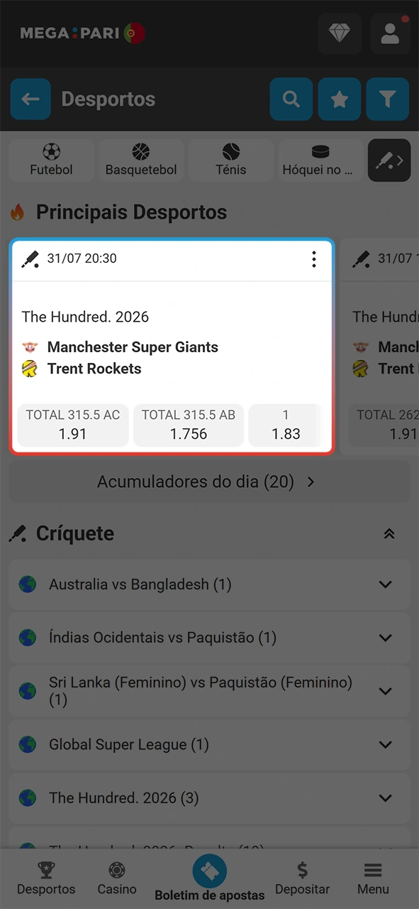 Seleciona uma liga na MegaPari para a tua aposta de críquete.