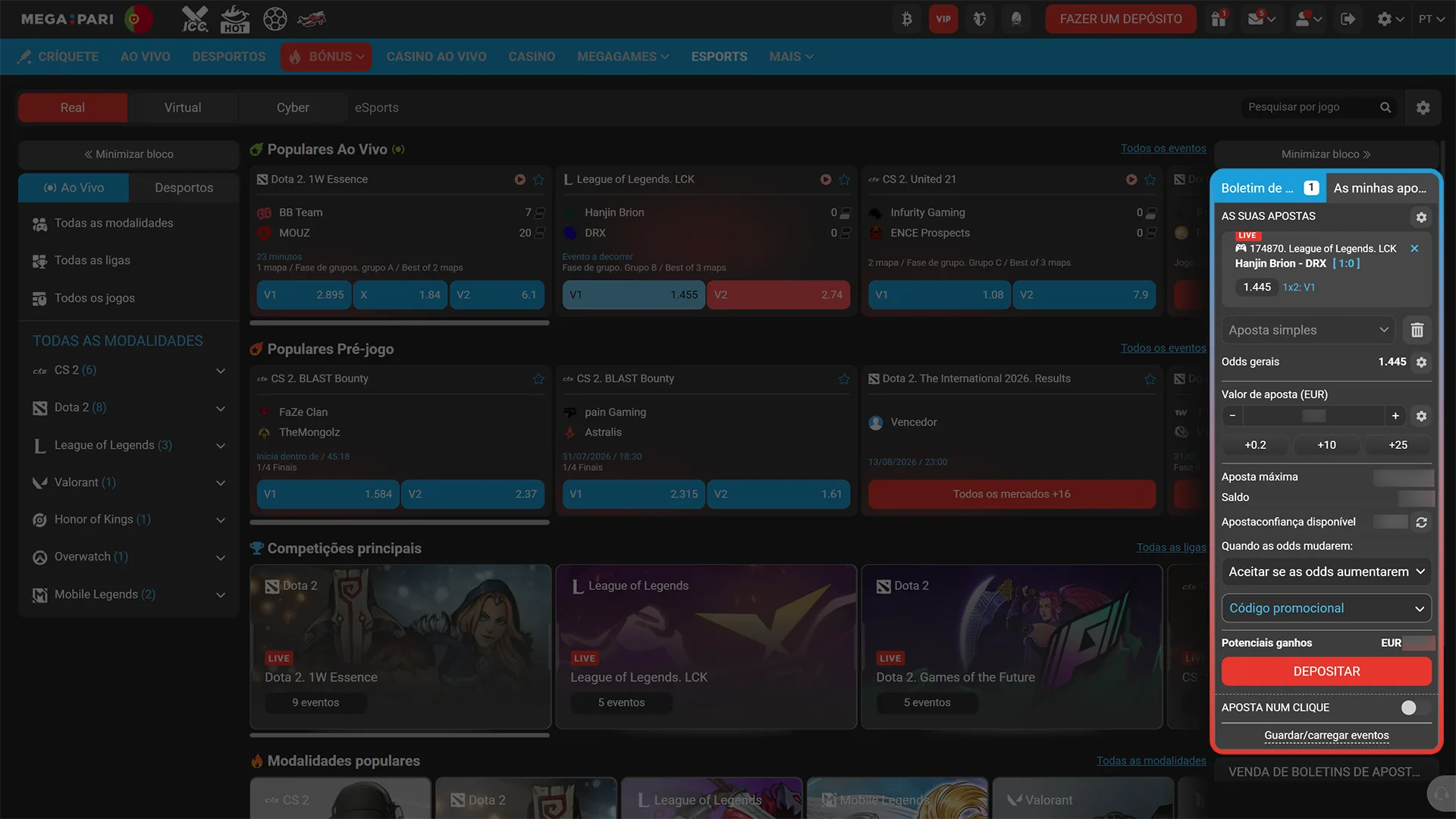 Submete o palpite para apostar em esports no site MegaPari.