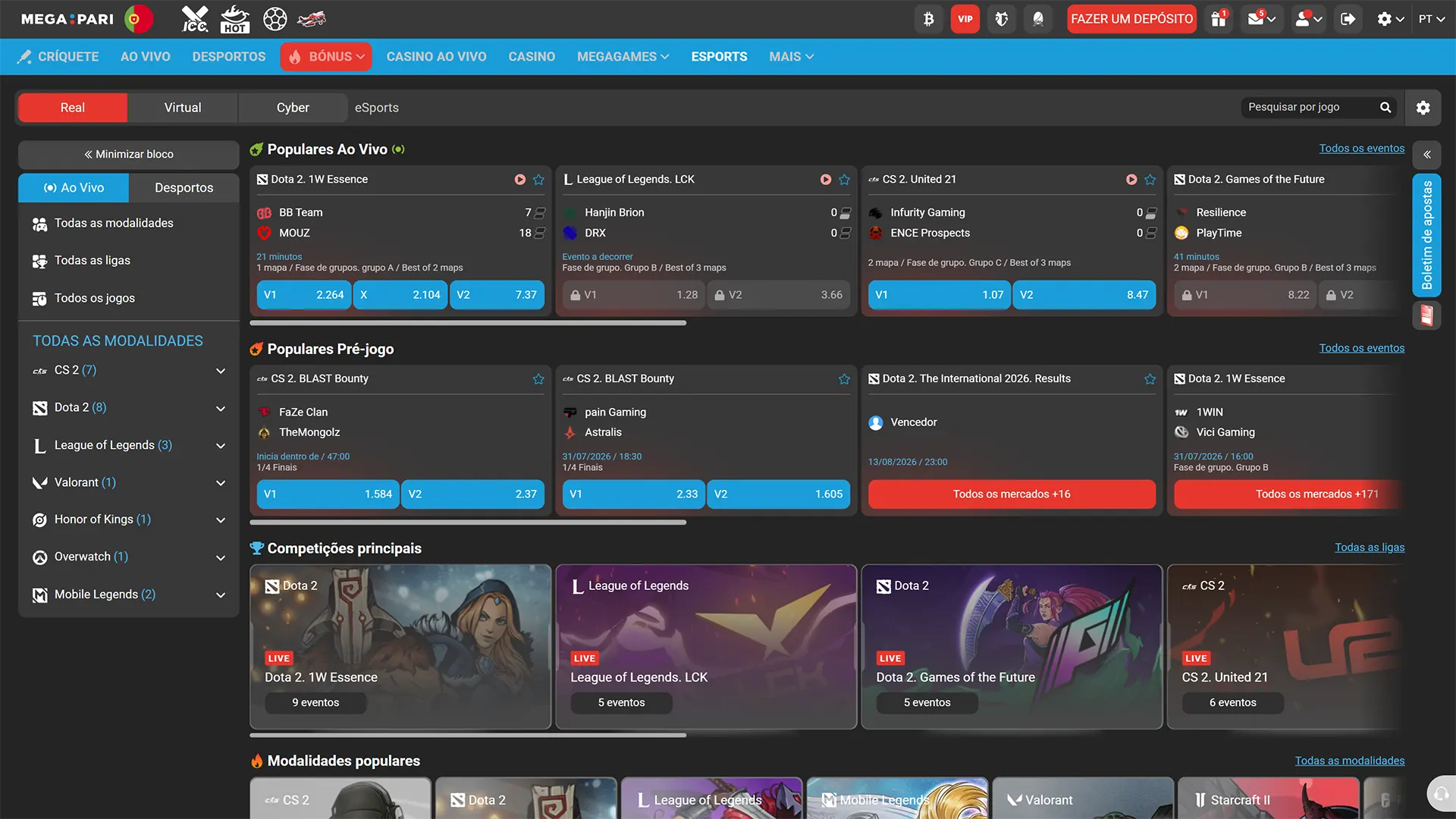 Acede à área da MegaPari para apostar em eventos de esports.