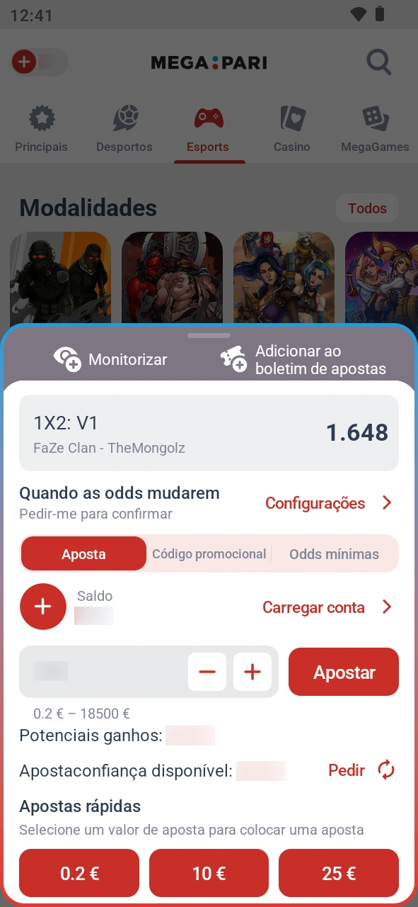 Confirma o teu boletim de esports na app móvel MegaPari.