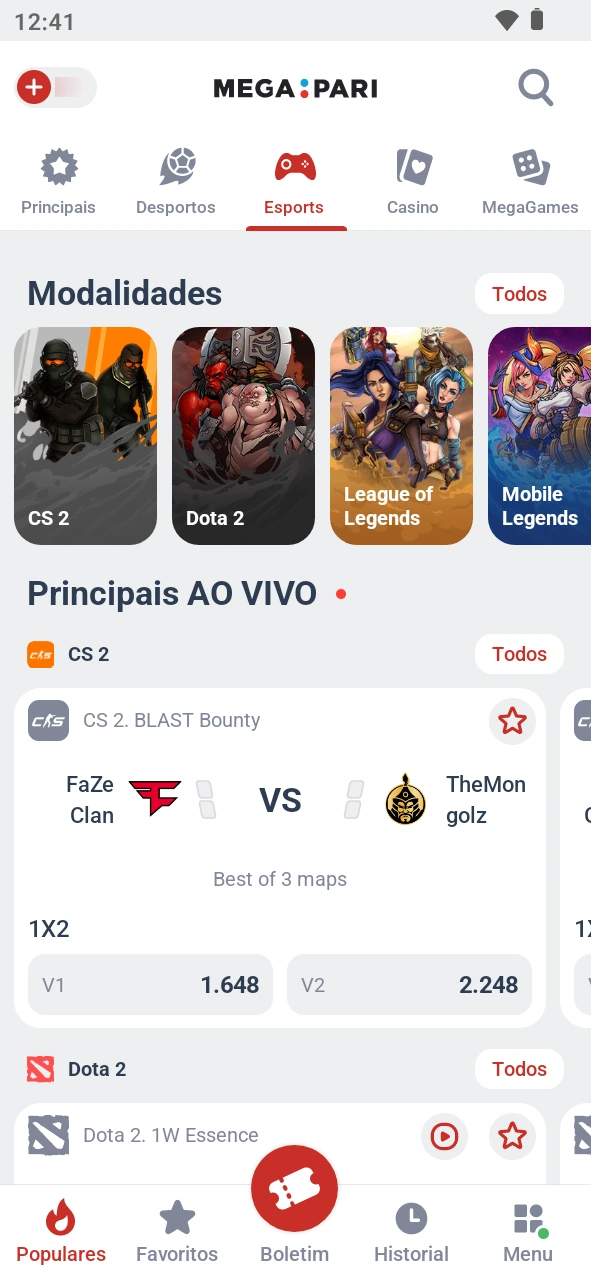 Navega pelo menu da app MegaPari para encontrares os esports.