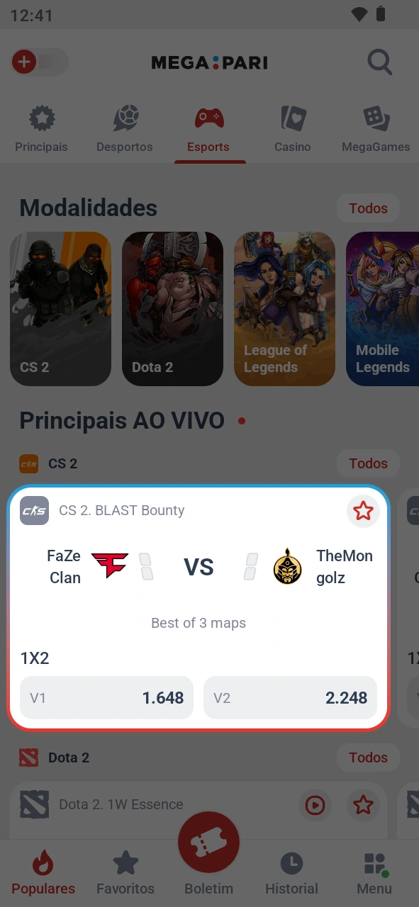 Seleciona as odds de esports utilizando a app da MegaPari.