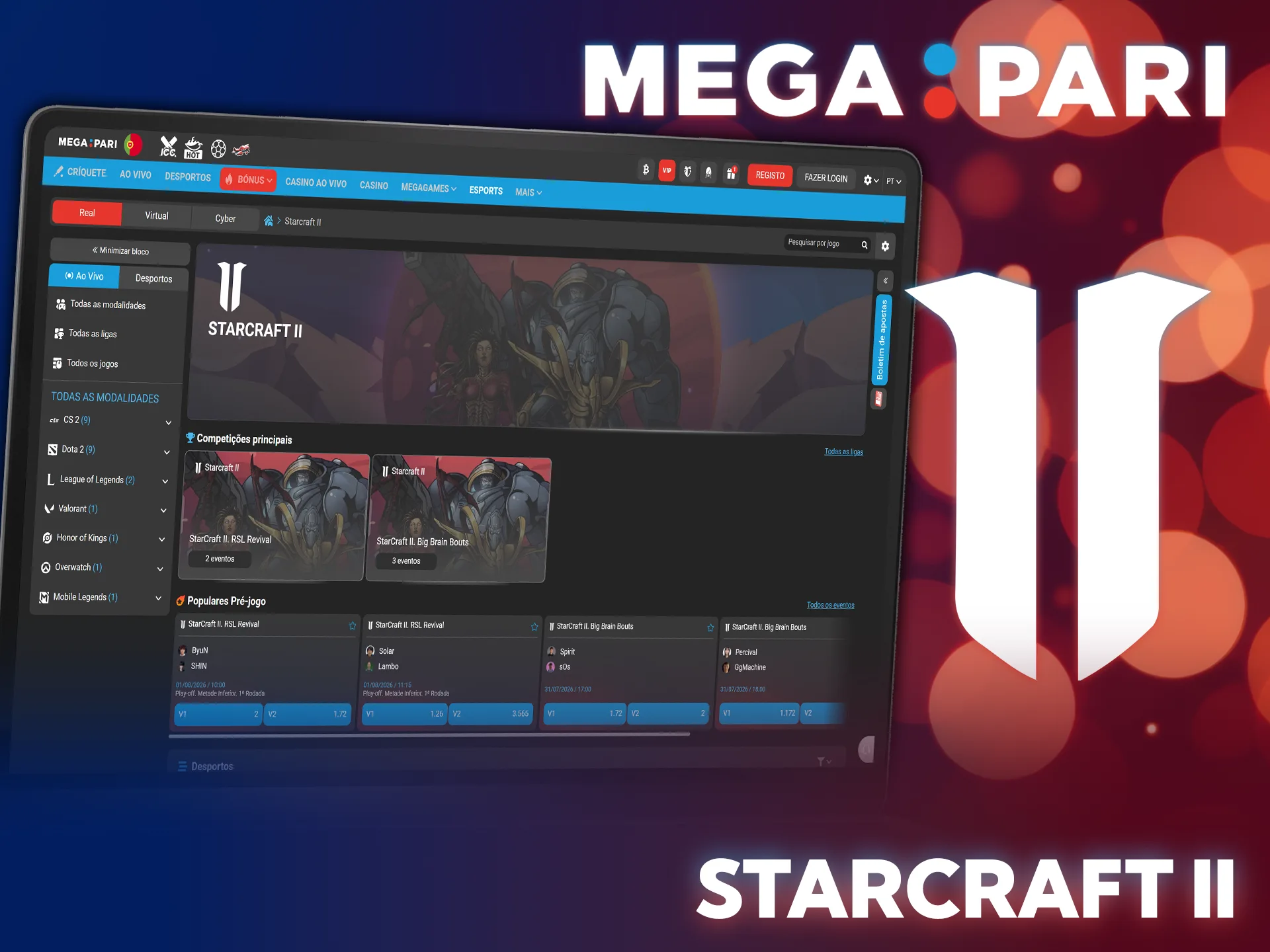 Lucra com o clássico esports StarCraft II na plataforma MegaPari.