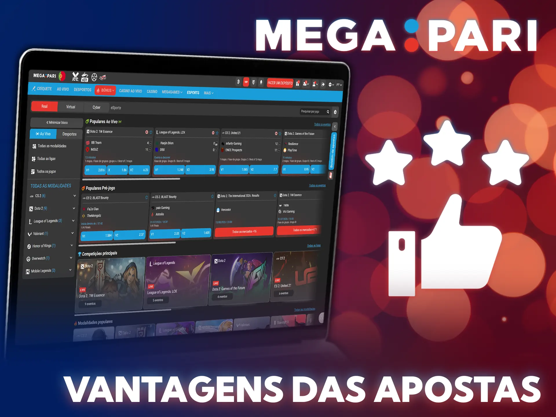 Aproveita todos os benefícios exclusivos de apostar em esports na MegaPari.