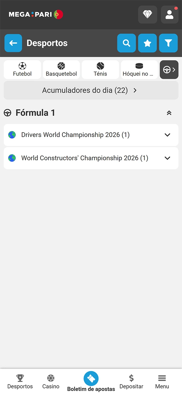 Encontre a secção desportiva da MegaPari para apostar em F1 hoje.
