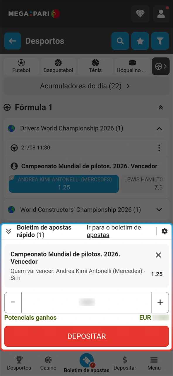 Escolha o seu Grande Prémio na MegaPari ao apostar em F1.