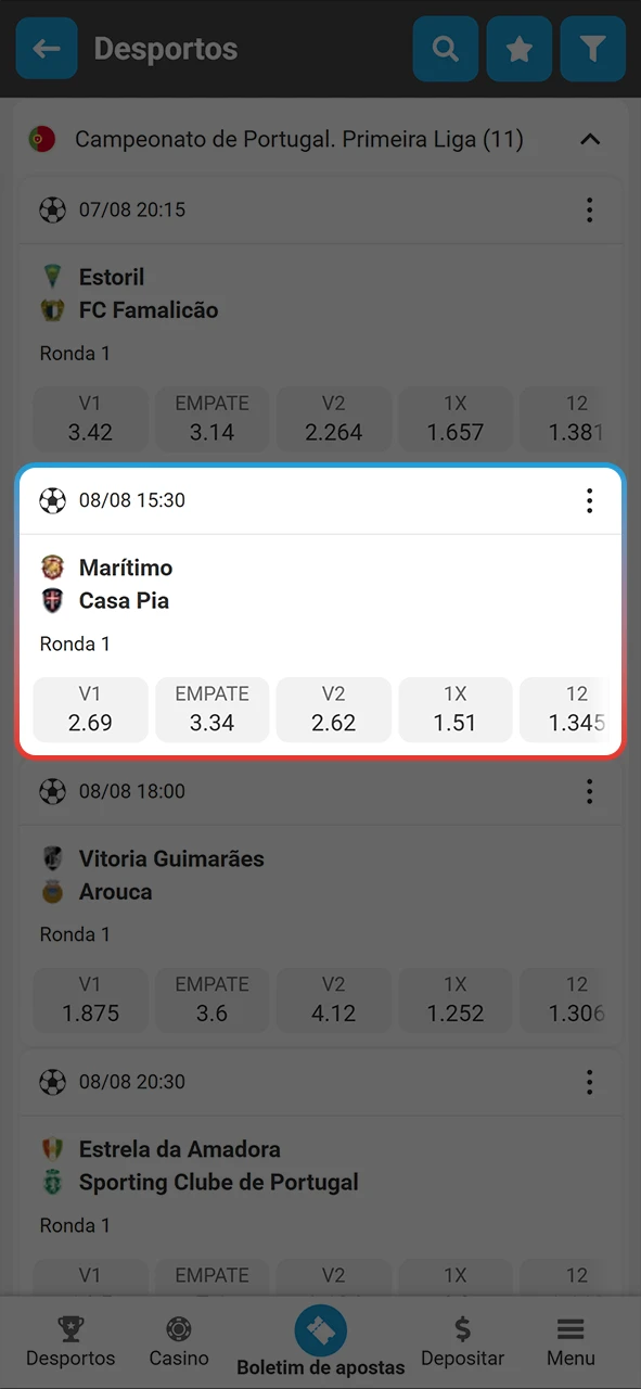 Selecione as suas partidas favoritas na MegaPari para apostar em futebol.