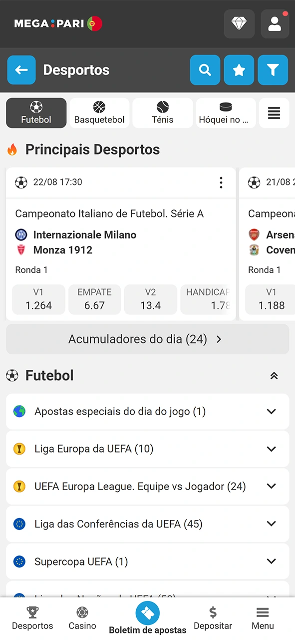 Encontre a secção desportiva da MegaPari e vá apostar em futebol.