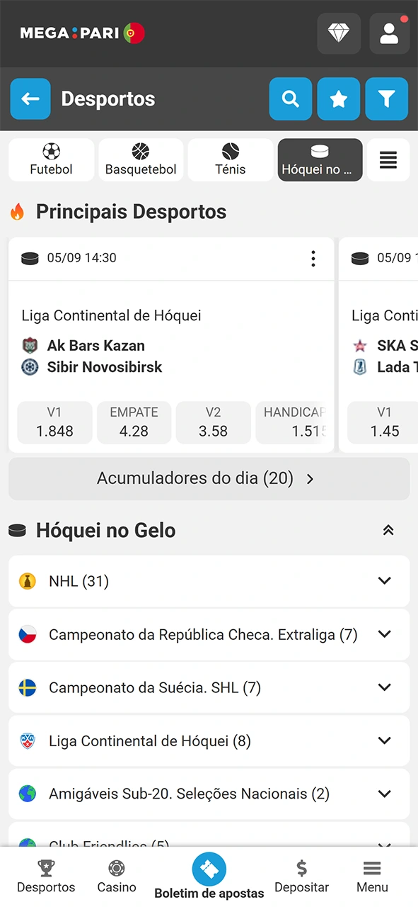 Abre a secção desportiva da MegaPari e prepara a aposta em hóquei.
