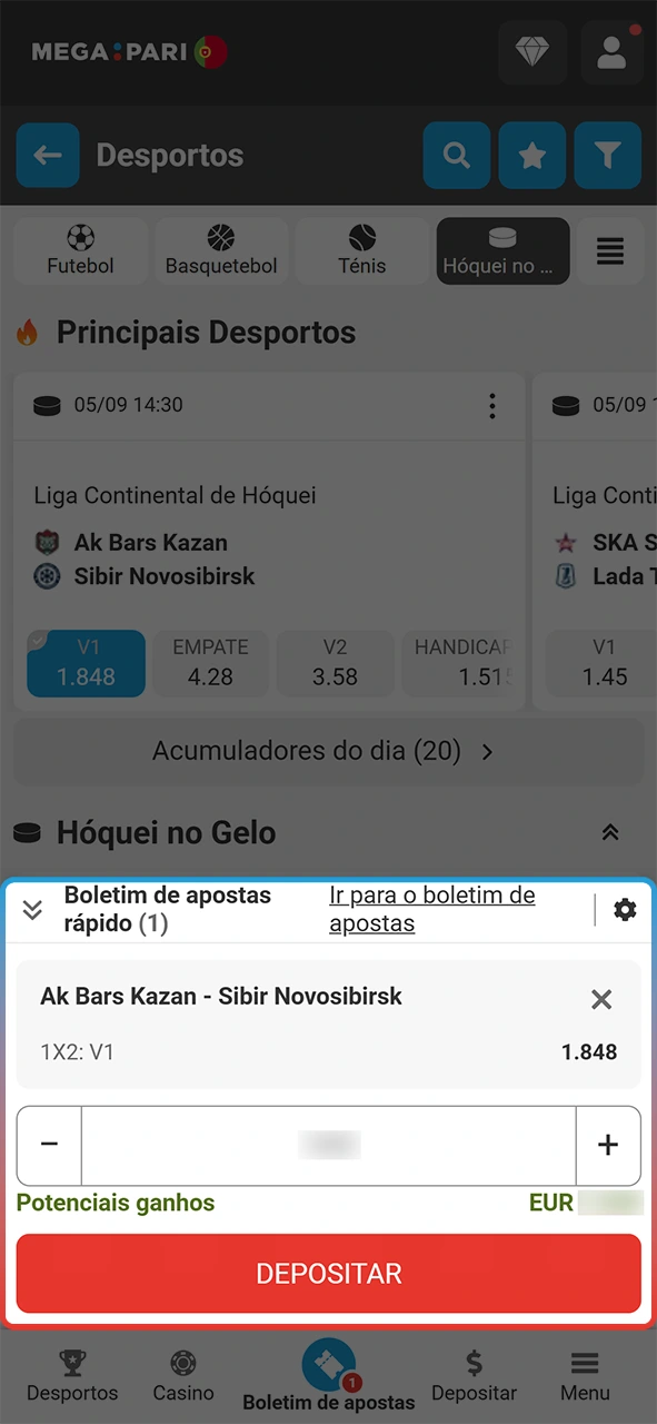 Confirma o teu boletim para finalizar a aposta de hóquei na MegaPari.