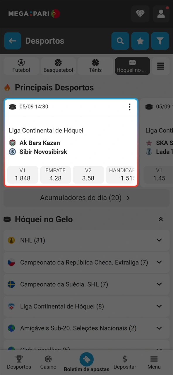 Seleciona o teu evento de hóquei favorito para apostar na MegaPari.