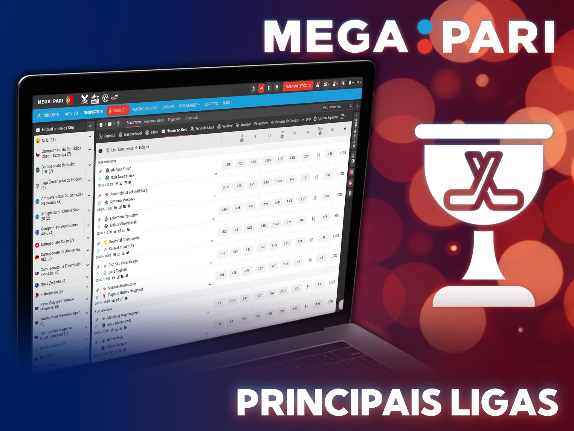 Escolhe os maiores torneios de hóquei e faz previsões vencedoras na MegaPari.