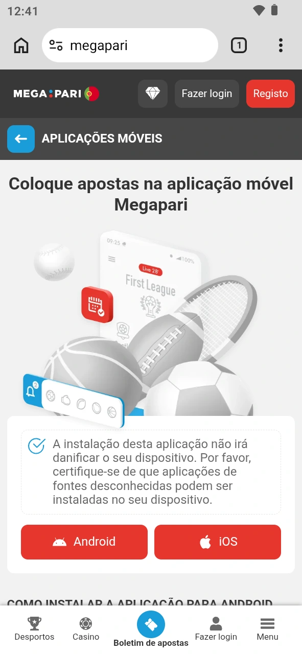 Baixe o ficheiro da app para iniciar sessão na MegaPari.