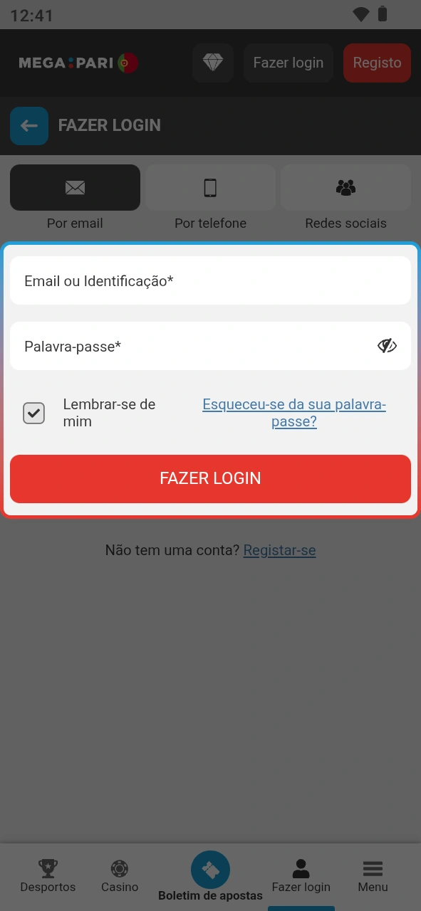 Digite os dados na app para iniciar sessão na MegaPari agora.