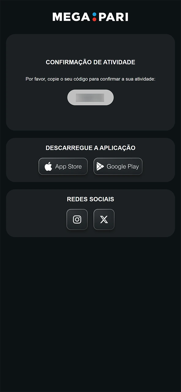 Valide o código da palavra-passe para poder iniciar sessão na MegaPari.