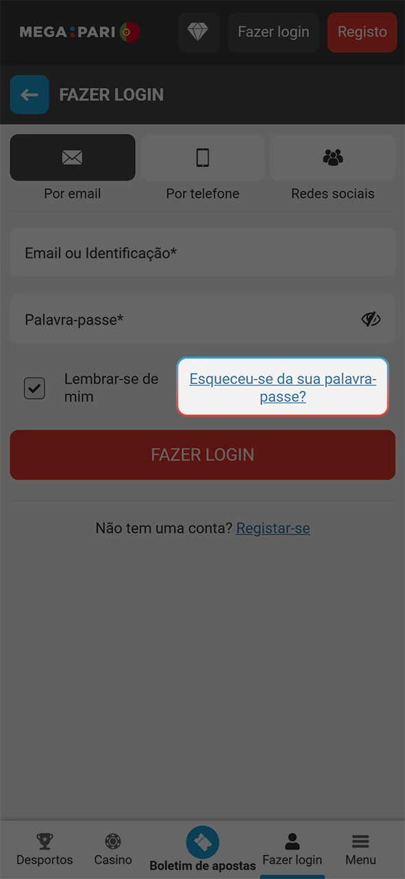 Toque no link de palavra-passe esquecida para iniciar sessão na MegaPari.
