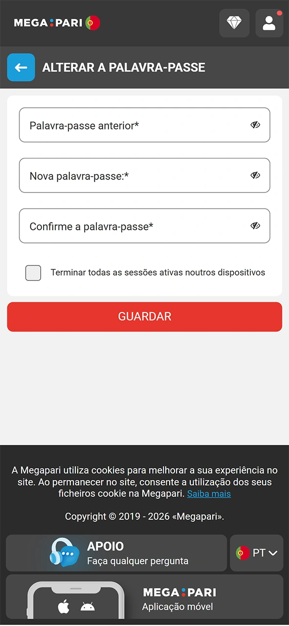 Crie uma nova palavra-passe segura antes de iniciar sessão na MegaPari.