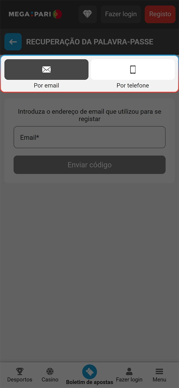 Defina o método de recuperar palavra-passe para iniciar sessão na MegaPari.