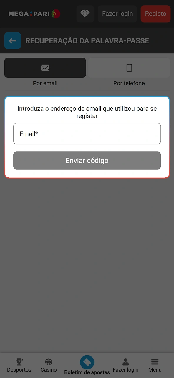 Forneça o email para redefinir a palavra-passe e iniciar sessão na MegaPari.