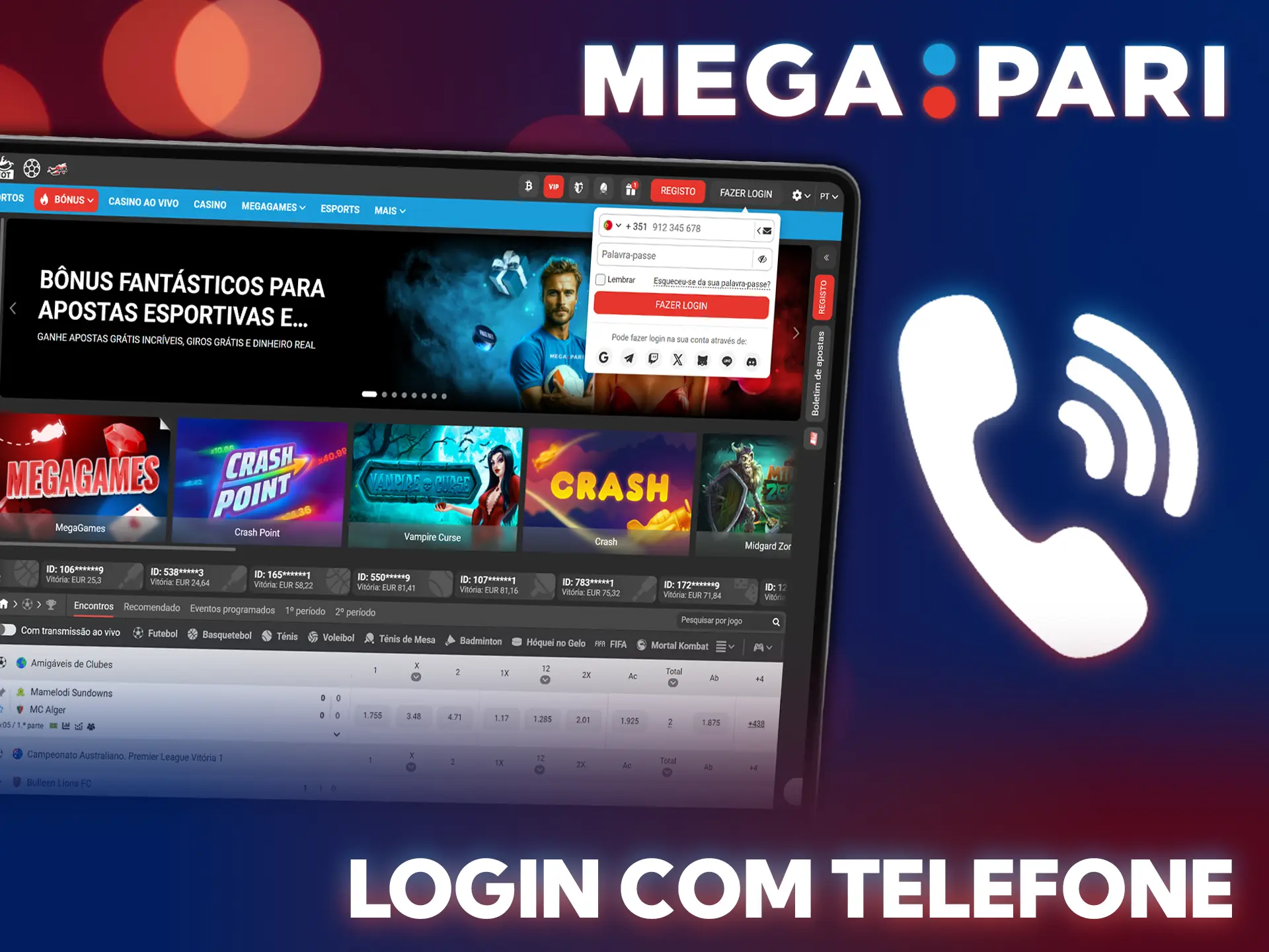 Utilize o telemóvel para iniciar sessão na MegaPari e divirta-se.